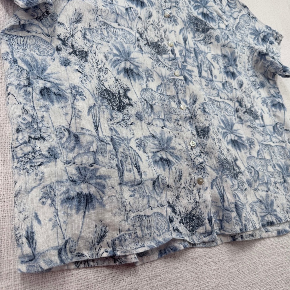 Rachel Zoe 100% Linen Blue White Toile Jungle Print Button Down Women's Large - Picture 4 of 9